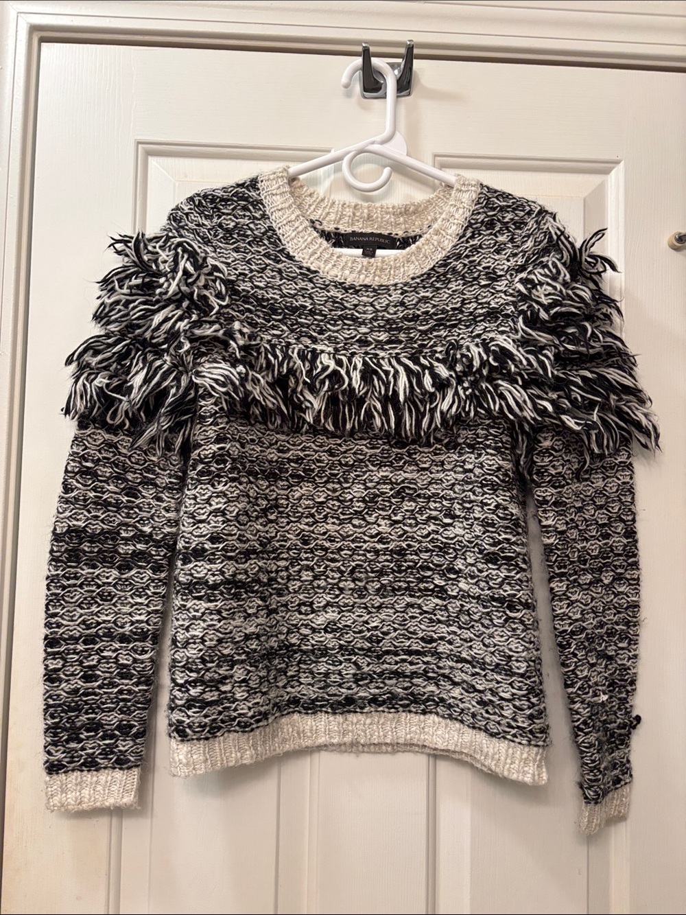 Banana Republic Black & Cream Fringe Yoke Crewneck Sweater